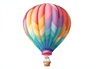 Colorful hot air balloon with woven basket on white background