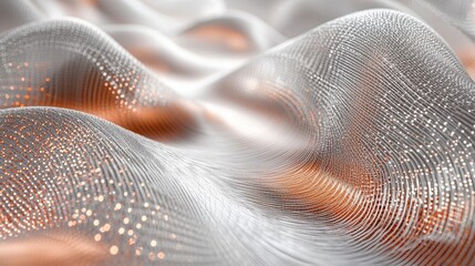 Fiber trail detail woven metallic mesh waves silver copper light particles flowing ribbons abstract technology visualization macro