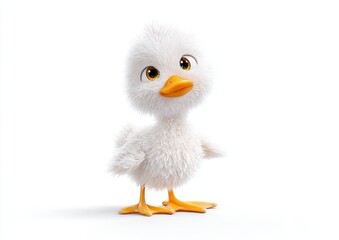 Cute fluffy white baby duck with yellow eyes and orange beak