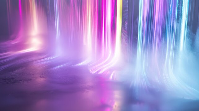 Light trail detail prismatic beams refracting water droplets suspended mid-air forming delicate rainbow trails cascading downward graceful arcs macro lens