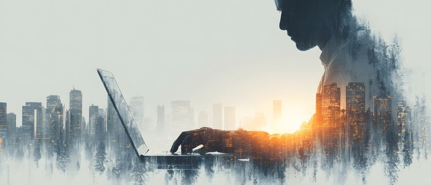 Double exposure silhouette of a person working on a laptop against a city skyline at sunset silhouette