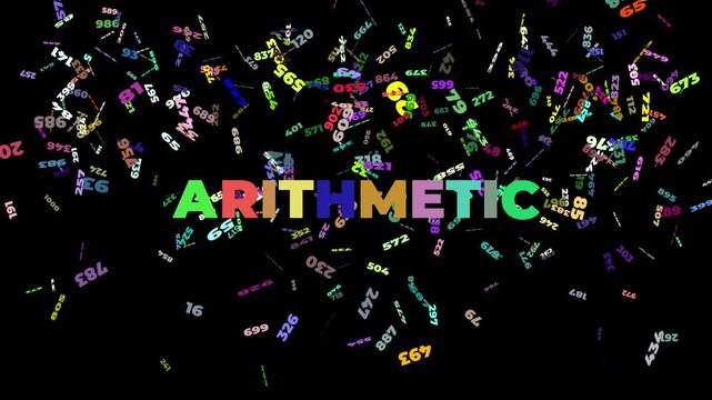 word arithmetic gradually changes hue and increases size on video with a cascade of falling numerical figures perfect for math or randomness idea