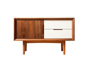 Walnut and white sideboard with two drawers and sliding door