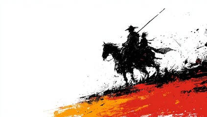 Two figures on horseback in abstract black ink splash