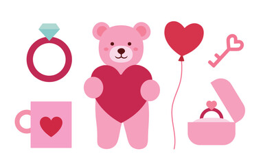 Valentine's Day elements flat vector illustration set.
Includes cute pink teddy bear, heart, ring, ring box, mug, heart-shaped balloon, key.