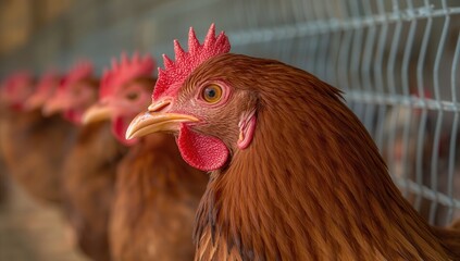 Closeup of brown chickens in a row inside a chicken coop on a farm in the countryside