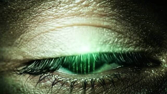 Extreme Macro Eye Shot with Green Binary Code Reflection 4K