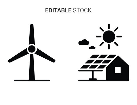 Sustainable energy icons: wind turbine and solar panel house under sun and clouds