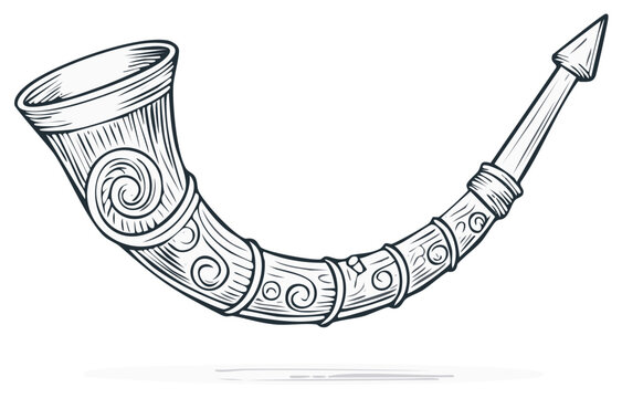 Detailed ancient horn musical instrument with ornate scrollwork and decorative bands vector art