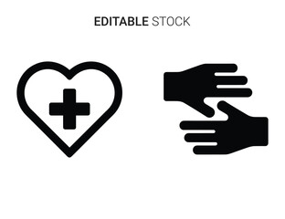 Fototapeta premium Outline heart with medical cross and two caring hands icons set, health and support concept.
