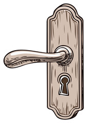 Hand drawn illustration of an antique door handle and backplate with a keyhole