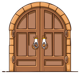 Cartoon rustic wooden arched double door with decorative door knockers and stone frame