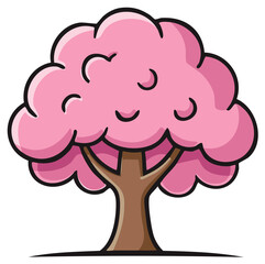 Cartoon illustration of a pink flowering tree with brown trunk and branches, happy smiling