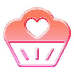 Glossy 3D cupcake icon with heart with vibrant glassmorphism effect - Y2K style jelly dessert symbol in pink and orange gradient