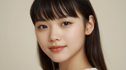 Portrait of a young brunette woman with a beautiful smile, close-up fashion model face showing expression, black studio background look