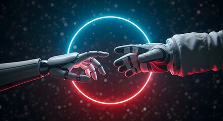 A robot and an astronaut reach out to touch fingers in space with a glowing ring behind them in the darkness