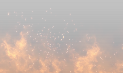 Intense flames leap and crackle on a transparent background, sending sparks in all directions. Thick smoke drifts through the fiery glow. The image captures hot embers and vivid fire motion. PNG