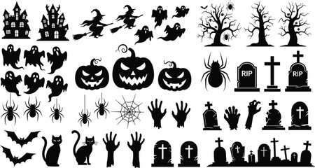 Big collection of Halloween black silhouettes including haunted house, witch, ghost, pumpkin, spider, grave, cat and zombie hand, vector illustration set isolated on white