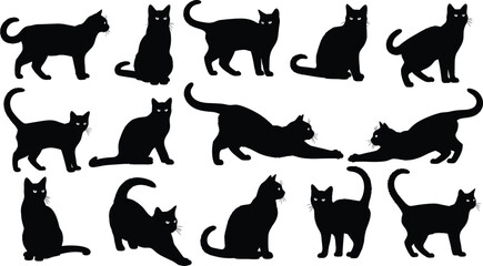 Collection of black cat silhouettes showing pets playing, sitting, standing and stretching, vector illustration set isolated on white background for design