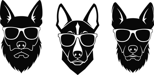 Cool dog head silhouettes, black and white vector illustration, sunglasses style, pet icon design, canine graphic, trendy animal artwork, bold theme