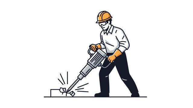 Construction worker with jackhammer breaking concrete
