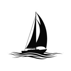 Black silhouette of a sailboat with full sails on wavy water sailing waves