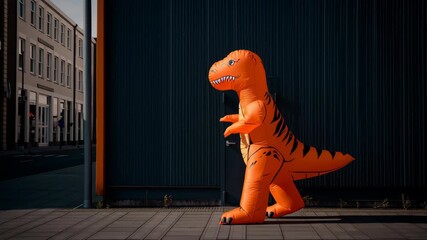 Fun inflatable dinosaur costume stands out against vivid backdrop, perfect for parties and events