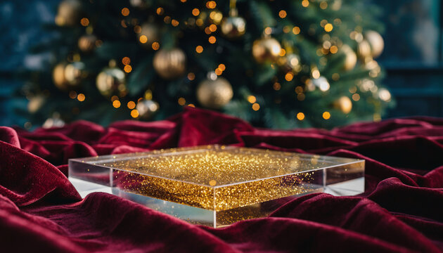 A clear acrylic product podium filled with shimmering gold glitter, set on rich red velvet, with a blurred Christmas tree and ornaments behind.