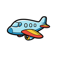 Cartoon illustration of a light blue airplane with black outlines and red and yellow accents.