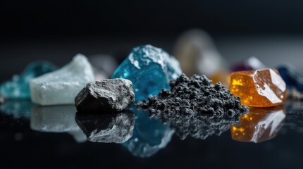 Close-up of critical materials such as lithium, cobalt, and rare earth metals arranged on black reflective surface, highlighting importance in modern tech