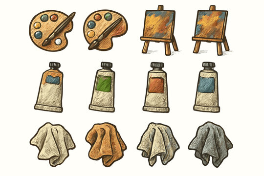 Paint icon art oil tubes set vector icons mood rag palette painting