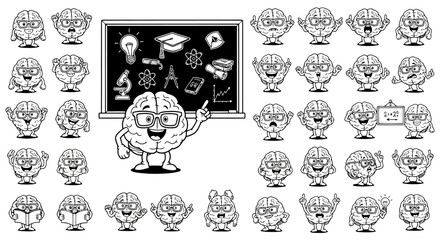 Fototapeta premium Brain Character Education Icon Set Smart Brain Mascot Intelligent Mind Learning Teaching School Study Genius Thinking Knowledge Wisdom Professor