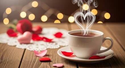 Cozy hot tea cup with heart-shaped steam, rose petals, and soft romantic bokeh lights on wood.