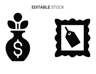 Financial growth and commerce icons: money bag with plant, price tag in frame glyph set