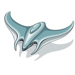 Futuristic silver spacecraft with a sleek design, resembling a manta ray, casting a shadow.