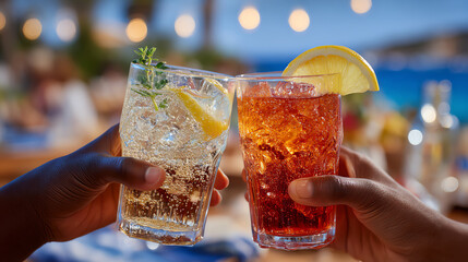 Two refreshing cocktails clink together, celebrating friendship and relaxation at a beachside gathering under festive lights.