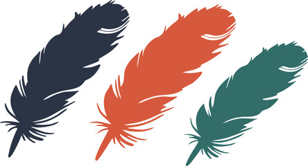 Set of three stylized, colorful feather silhouettes in navy blue, terracotta orange, and teal green, symbolizing freedom, lightness, writing, and bohemian decor.
