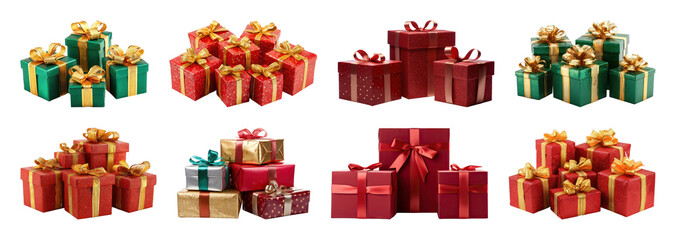 Fototapeta premium PNG Colorful festive gift boxes arrangement, element set on transparent background