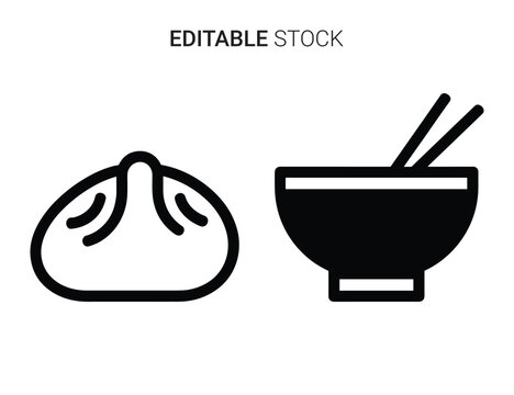 Delicious asian dumpling and a bowl with chopsticks, traditional food vector glyph icon