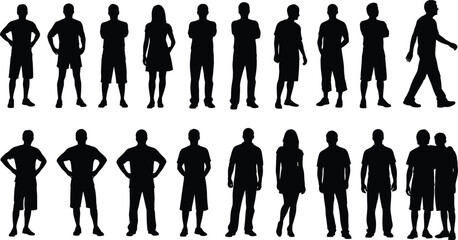 Set of black silhouettes showing casual men and women standing, walking, and posing with arms crossed, vector illustration isolated on white background