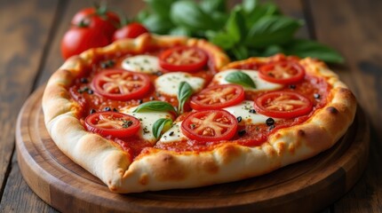 Heart-shaped pizza topped with fresh tomatoes and mozzarella served on a wooden board 
