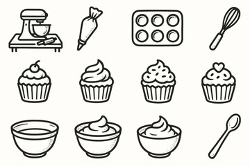 Fototapeta premium Making collection handdrawn spoon rough bakery dessert setup cupcakes bowl vector icon