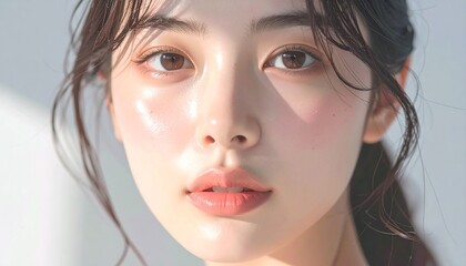 日本人, 超リアル, 若い美しい女性, 顔アップ, 滑らかな肌, ツヤのある肌質, ナチュラルメイク, 柔らかな光, 美容広告風, シネマティック, カメラ目線, 高画質, Japanese, ultra-realistic, young beautiful woman, face close-up, smooth skin, radiant complexion, natural makeup