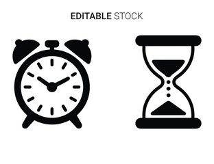 Time management icons: classic alarm clock and hourglass for scheduling concepts, deadlines