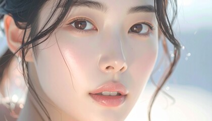 日本人, 超リアル, 若い美しい女性, 顔アップ, 滑らかな肌, ツヤのある肌質, ナチュラルメイク, 柔らかな光, 美容広告風, シネマティック, カメラ目線, 高画質, Japanese, ultra-realistic, young beautiful woman, face close-up, smooth skin, radiant complexion, natural makeup