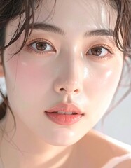 日本人, 超リアル, 若い美しい女性, 顔アップ, 滑らかな肌, ツヤのある肌質, ナチュラルメイク, 柔らかな光, 美容広告風, シネマティック, カメラ目線, 高画質, Japanese, ultra-realistic, young beautiful woman, face close-up, smooth skin, radiant complexion, natural makeup