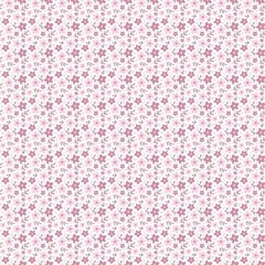 Seamless pattern featuring small pink flowers and delicate leaves scattered across a white background design
