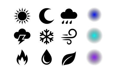 Black and white image of twelve weather icons including sun, moon, rain, wind, and snowflake etc. for visual communication