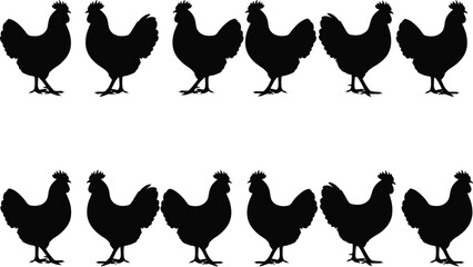 Set of black silhouettes showing roosters standing and walking, vector illustration of farm poultry isolated on white background for logo design © Ideasy Mind