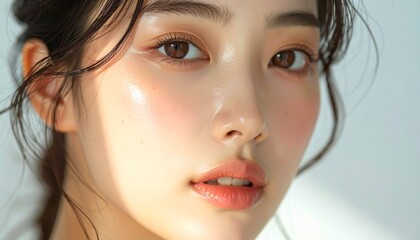 日本人, 超リアル, 若い美しい女性, 顔アップ, 滑らかな肌, ツヤのある肌質, ナチュラルメイク, 柔らかな光, 美容広告風, シネマティック, カメラ目線, 高画質, Japanese, ultra-realistic, young beautiful woman, face close-up, smooth skin, radiant complexion, natural makeup